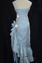 Retro Baby Blue Vintage Floral Dress Asymmetrical Hem Evening Prom Gown