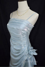 Retro Baby Blue Vintage Floral Dress Asymmetrical Hem Evening Prom Gown