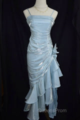 Retro Baby Blue Vintage Floral Dress Asymmetrical Hem Evening Prom Gown