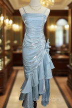 Retro Baby Blue Vintage Floral Dress Asymmetrical Hem Evening Prom Gown
