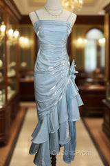 Retro Baby Blue Vintage Floral Dress Asymmetrical Hem Evening Prom Gown