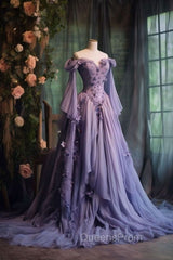Retro Ball Gown Off The Shoulder Lilac Tulle Flowers Evening Dress Evening Prom Dress