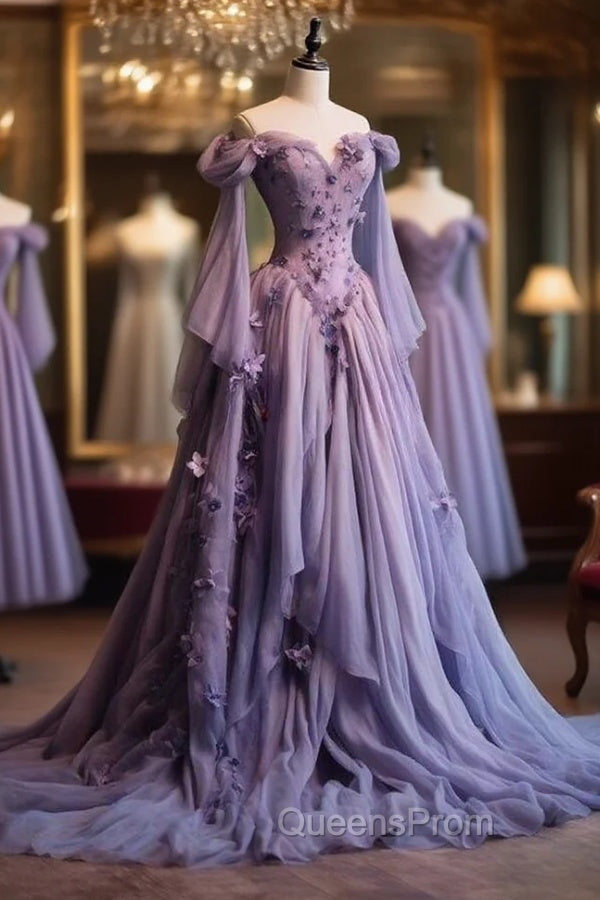 Retro Ball Gown Off The Shoulder Lilac Tulle Flowers Evening Dress Evening Prom Dress Main image