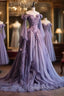 Retro Ball Gown Off The Shoulder Lilac Tulle Flowers Evening Dress Evening Prom Dress
