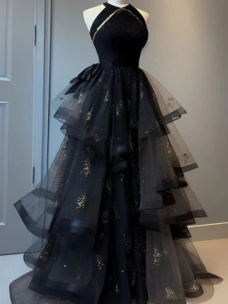 Retro Ball Gown Scoop Neckline Black Tulle Party Dress Classy Prom Dress Classy Evening Dress