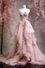 Retro Ball Gown Spaghetti Straps Pink Floral Tulle Classy Evening Dress Classy Prom Dress
