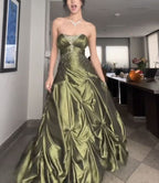 Retro Ball Gown Strapless Green Ruffles Satin Long Party Dress Classy Prom Dress