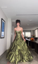 Retro Ball Gown Strapless Green Ruffles Satin Long Party Dress Classy Prom Dress
