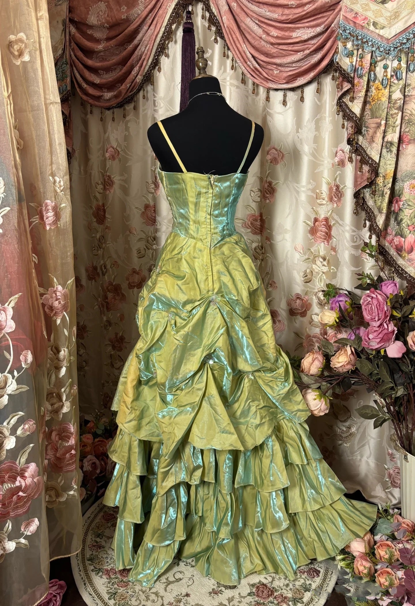 Retro Ball Gown Straps Satin Sage Green Long Party Dress Classy Prom Dress