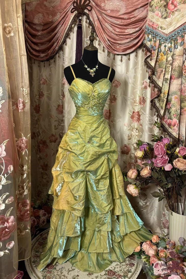 Retro Ball Gown Straps Satin Sage Green Long Party Dress Classy Prom Dress