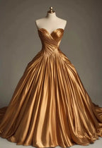 Retro Ball Gown Sweetheart Satin Gold Party Dress Classy Prom Dress Classy Evening Dress