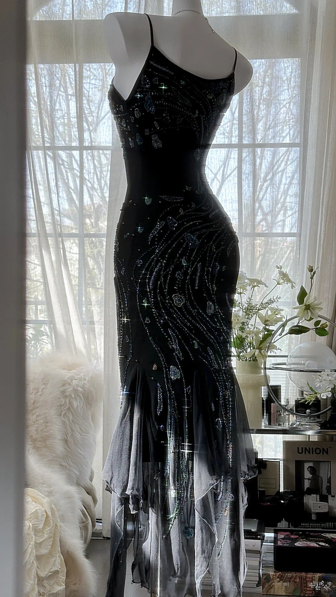 Retro Beautiful Shoulder Strap Beaded Chiffon Irregular Skirt Classy Prom Dress