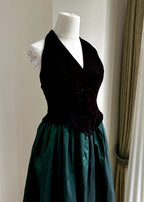 Retro Black And Green A-Line Halter Neck Velvet And Satin Classy Prom Dress