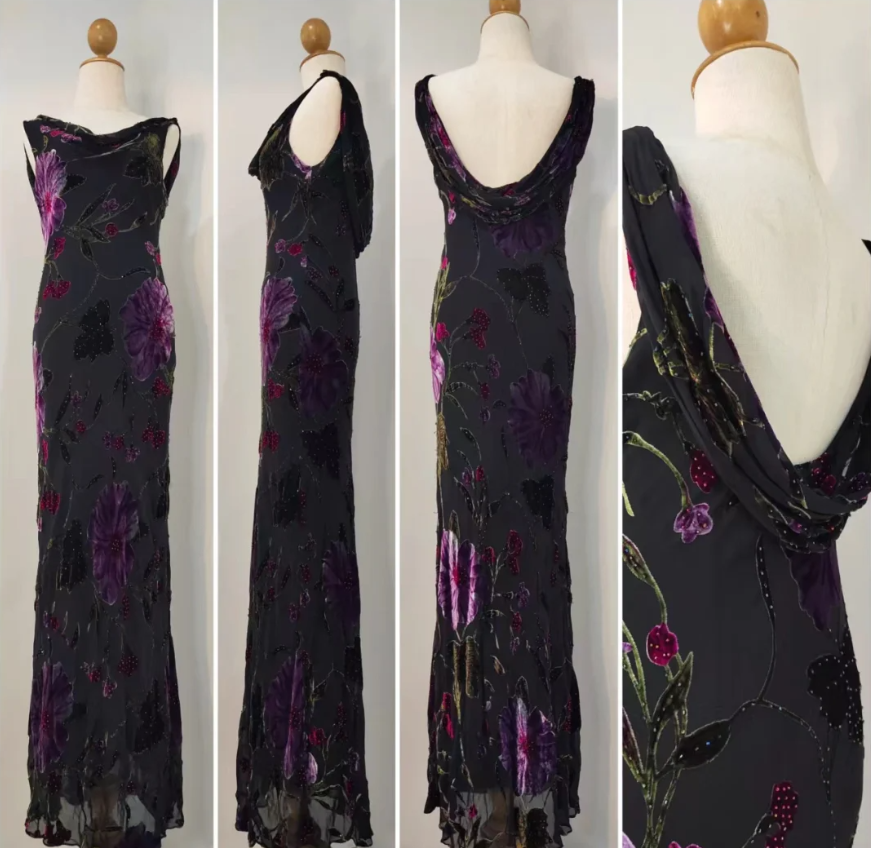 Retro Black Mermaid Neckline Embroidered Floral Backless Chiffon Long Classy Prom Dress