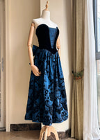 Retro Blue And Black A-Line Strapless Bow Jacquard Velvet Long Classy Prom Dress