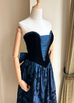 Retro Blue And Black A-Line Strapless Bow Jacquard Velvet Long Classy Prom Dress