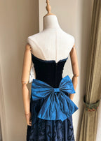Retro Blue And Black A-Line Strapless Bow Jacquard Velvet Long Classy Prom Dress