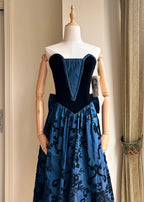 Retro Blue And Black A-Line Strapless Bow Jacquard Velvet Long Classy Prom Dress