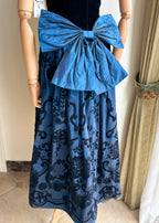 Retro Blue And Black A-Line Strapless Bow Jacquard Velvet Long Classy Prom Dress