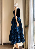 Retro Blue And Black A-Line Strapless Bow Jacquard Velvet Long Classy Prom Dress