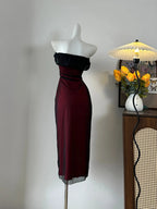 Retro Burgundy Slim-Fit Tube Top Ruffled Tulle Classy Prom Dress