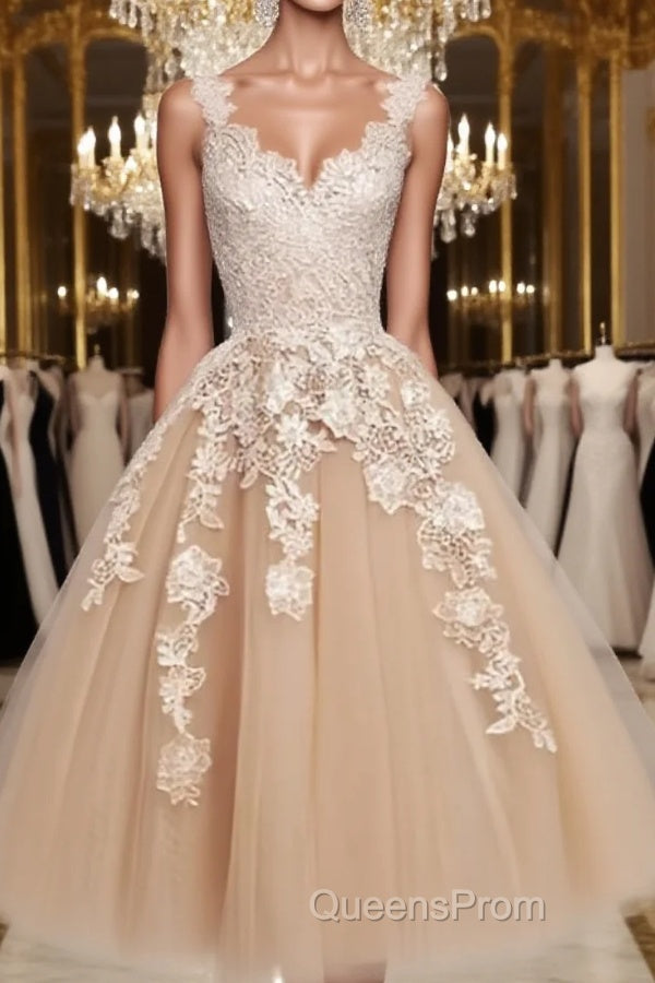 Retro Champagne V-neck Applique Short Evening Prom Dress, Lace Evening Dress, Party Dress Main image
