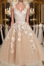 Retro Champagne V-neck Applique Short Evening Prom Dress, Lace Evening Dress, Party Dress