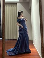 Retro Elegant Blue-Purple Off-Shoulder Hand-Pleated Satin Classy Prom Dress