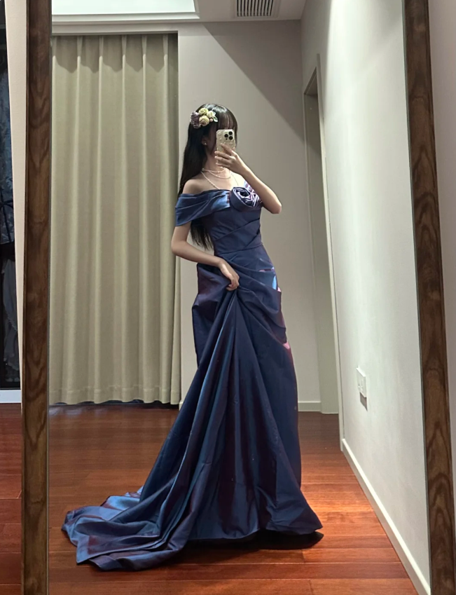 Retro Elegant Blue-Purple Off-Shoulder Hand-Pleated Satin Classy Prom Dress