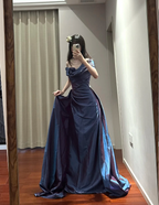 Retro Elegant Blue-Purple Off-Shoulder Hand-Pleated Satin Classy Prom Dress