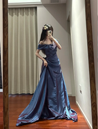 Retro Elegant Blue-Purple Off-Shoulder Hand-Pleated Satin Classy Prom Dress