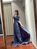 Retro Elegant Blue-Purple Off-Shoulder Hand-Pleated Satin Classy Prom Dress