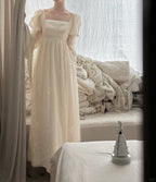 Retro Elegant Ivory A-Line Square Neck Long Sleeve Embroidered Lace Long Classy Prom Dress