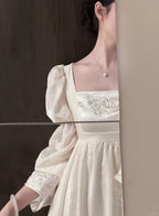 Retro Elegant Ivory A-Line Square Neck Long Sleeve Embroidered Lace Long Classy Prom Dress