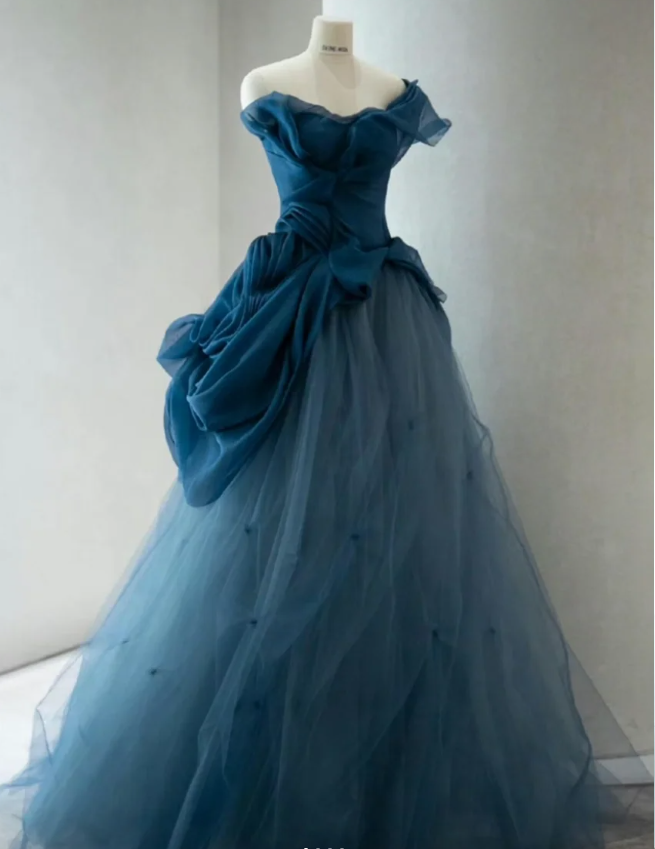 Retro Elegant Navy Blue One-Shoulder Tulle Long Ball Gown Prom Dress