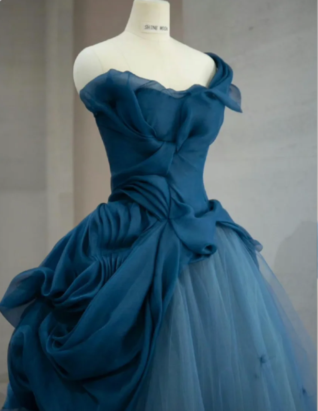 Retro Elegant Navy Blue One-Shoulder Tulle Long Ball Gown Prom Dress