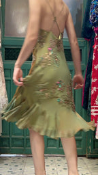 Retro Elegant Olive Green Deep V Backless Cross-Beaded Chiffon Long Classy Prom Dress