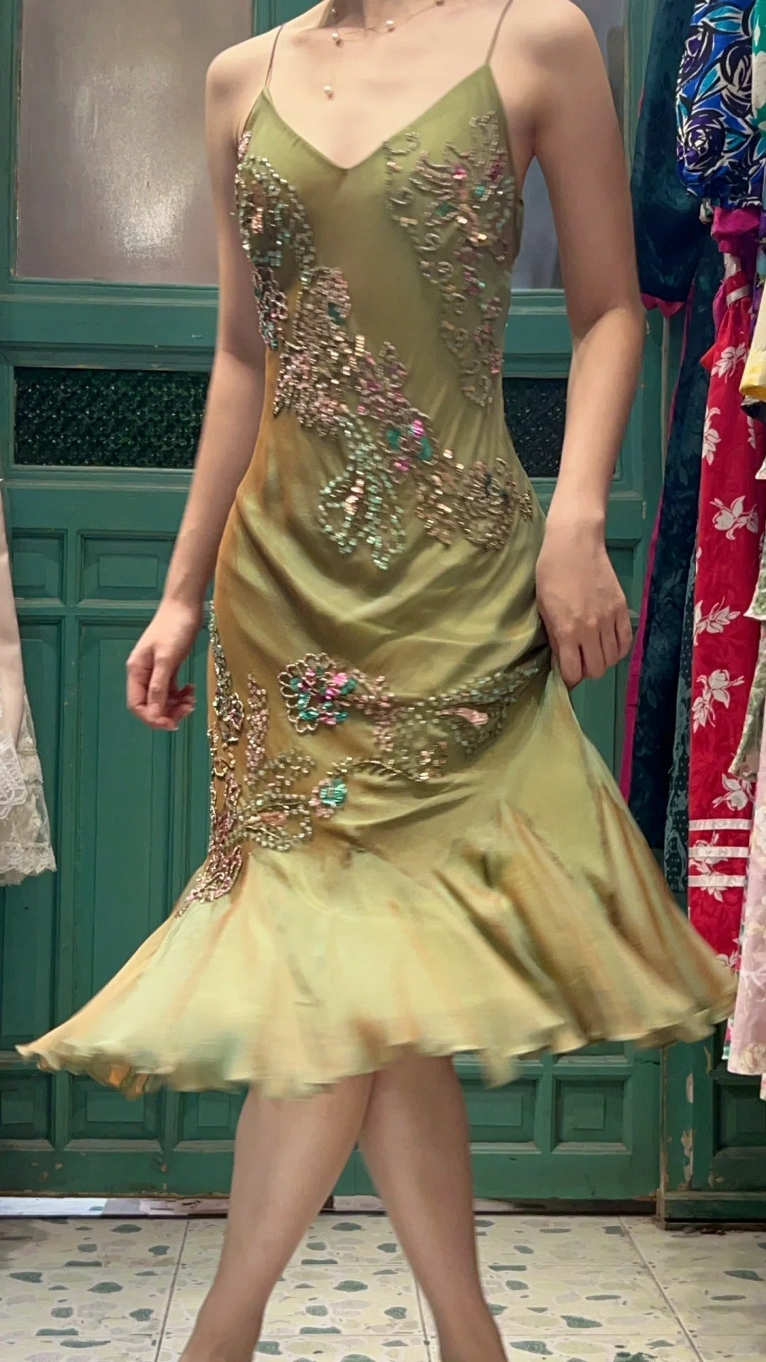 Retro Elegant Olive Green Deep V Backless Cross-Beaded Chiffon Long Classy Prom Dress