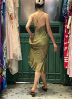 Retro Elegant Olive Green Deep V Backless Cross-Beaded Chiffon Long Classy Prom Dress