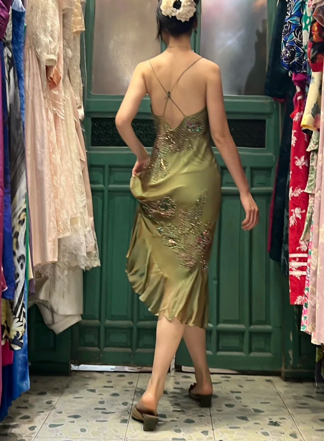 Retro Elegant Olive Green Deep V Backless Cross-Beaded Chiffon Long Classy Prom Dress