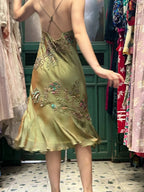 Retro Elegant Olive Green Deep V Backless Cross-Beaded Chiffon Long Classy Prom Dress