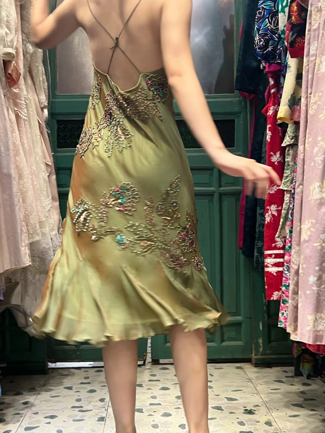 Retro Elegant Olive Green Deep V Backless Cross-Beaded Chiffon Long Classy Prom Dress