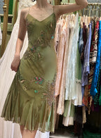 Retro Elegant Olive Green Deep V Backless Cross-Beaded Chiffon Long Classy Prom Dress