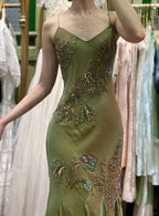 Retro Elegant Olive Green Deep V Backless Cross-Beaded Chiffon Long Classy Prom Dress
