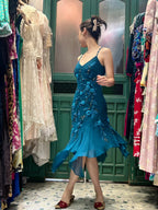 Retro Elegant Peacock Blue Irregular Deep V Halter Embroidered Chiffon Classy Prom Dress