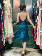 Retro Elegant Peacock Blue Irregular Deep V Halter Embroidered Chiffon Classy Prom Dress