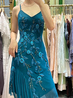 Retro Elegant Peacock Blue Irregular Deep V Halter Embroidered Chiffon Classy Prom Dress