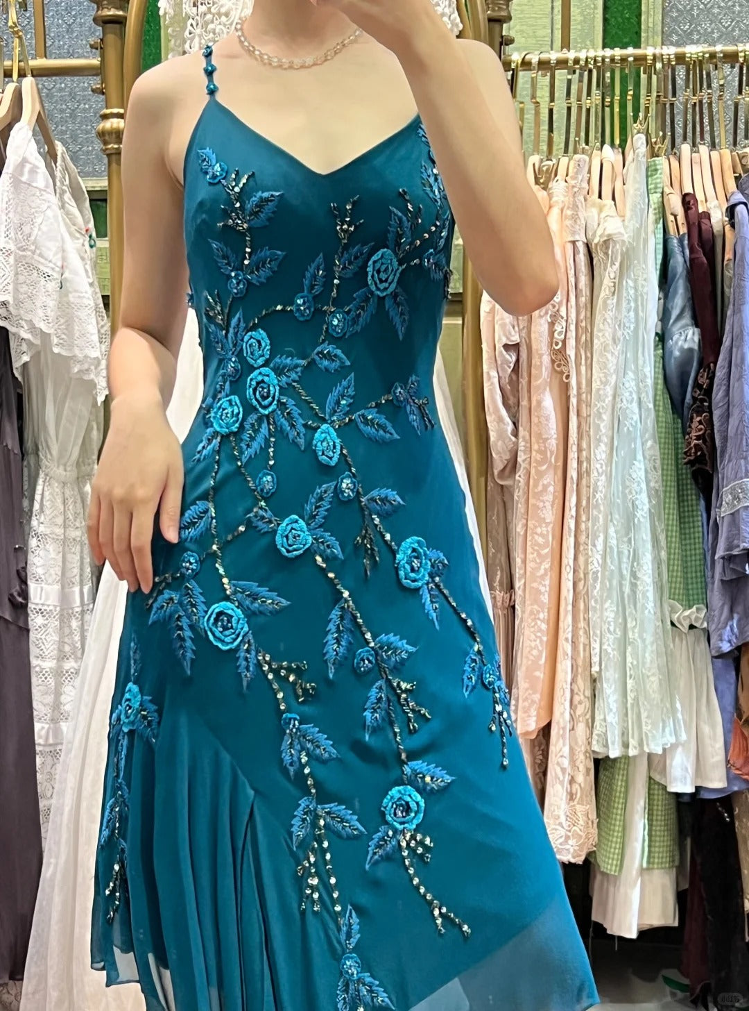 Retro Elegant Peacock Blue Irregular Deep V Halter Embroidered Chiffon Classy Prom Dress