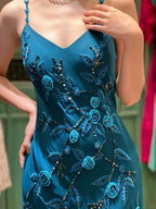 Retro Elegant Peacock Blue Irregular Deep V Halter Embroidered Chiffon Classy Prom Dress