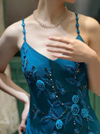 Retro Elegant Peacock Blue Irregular Deep V Halter Embroidered Chiffon Classy Prom Dress
